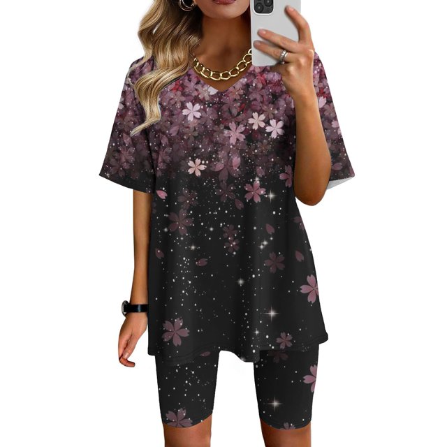 Ensembles de Gym pour Femmes 2 Pcs Mode Féminine Blouse à Col en V Manches Courtes Hauts Shorts Ensemble Décontracté Ensembles d'Entraînement pour Femmes en Liquidation