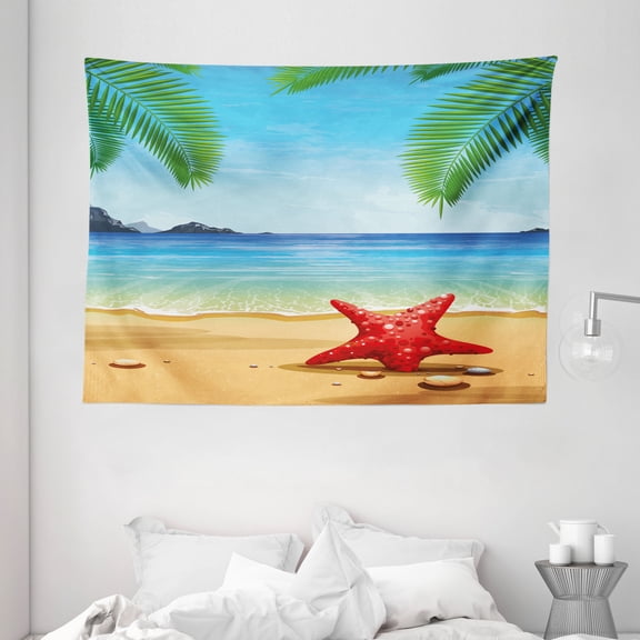 Beach Tapestry, Tropical Beach Pattern with Starfish Ocean Palm Trees and Sun Rays Romantic Tourism, Wall Hanging for Bedroom Living Room Dorm Decor, 80W X 60L Inches, Multicolor, by Ambesonne