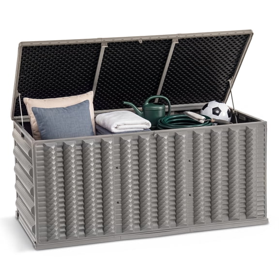 130 Gallon Resin Deck Box, Outdoor Lockable Storage Container for Patio Cushions, Garden Tools, Pool Supplies, Toys, Water Resistant and UV Resistant, Reinforced Rib Design, Gray