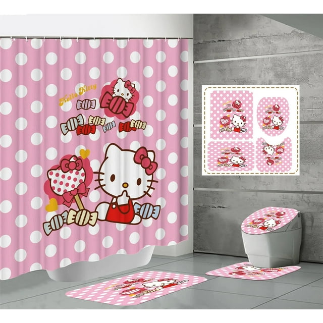 Rideau de Douche Kawaii Hello Kitty Ensemble Quatre Pièces Kit Anime Sanrio Impression Rideau de Douche Tapis Coussinet en U Imperméable Neuf LS
