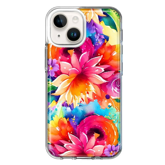 MUNDAZE Case for Apple iPhone 15 Plus Hybrid Shockproof Slim Hard Soft TPU Shell Heavy Duty Protective Phone Cover - Watercolor Paint Summer Rainbow Flowers Bouquet Bloom Floral