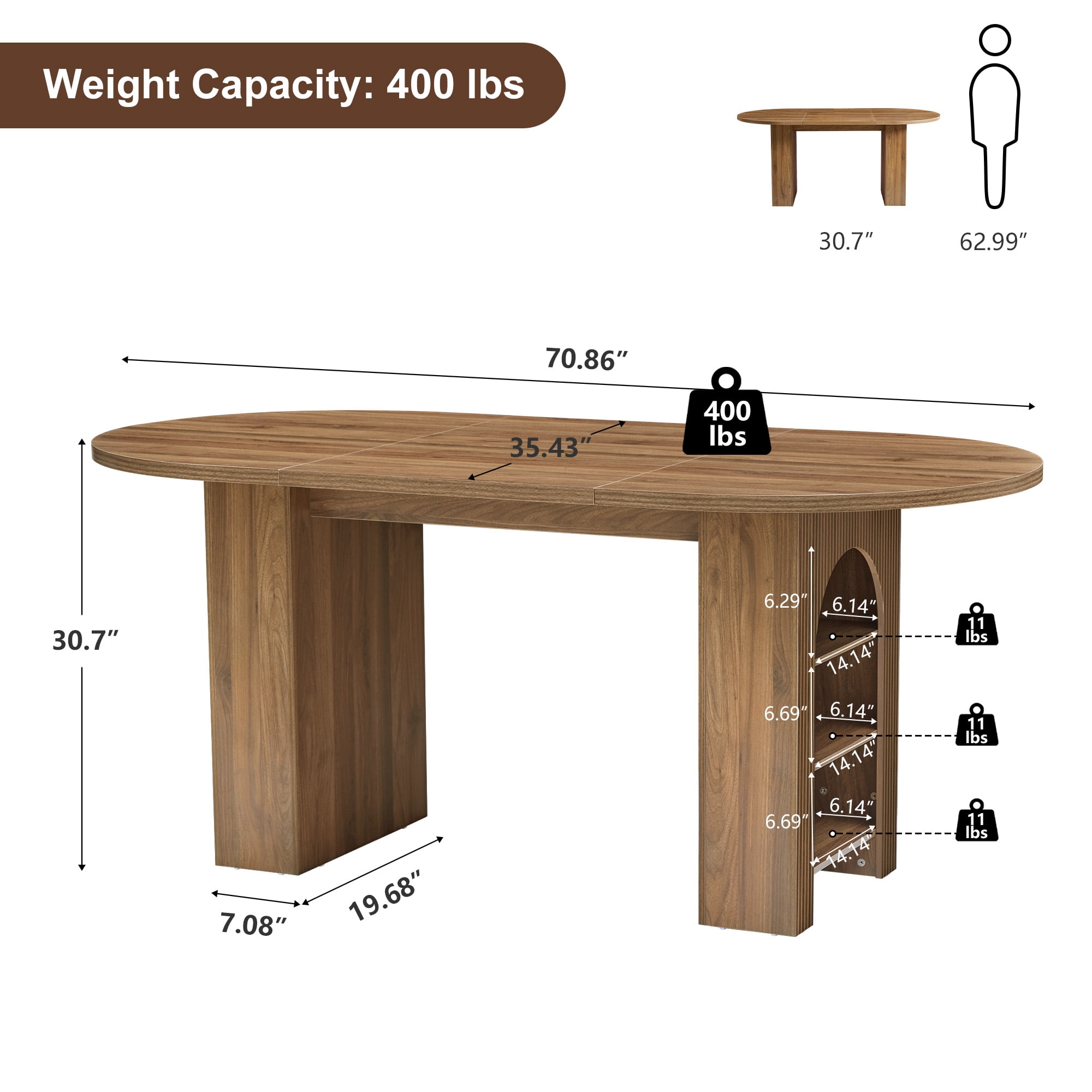 PHOYAL Walnut Oval Dining Table for 4-6 People, Large Dining Table with Arched Storage Pedestal and Carved Line, Farmhouse Double Pedestal Kitchen Table, 70.86"L, 35.43"W