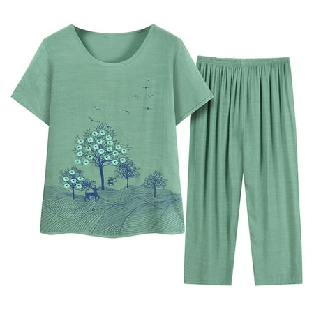 

Xihbxyly Linen Sets for Women 2 Piece Button Down Pajamas for Women Plus Size Summer Outfits Printed Loungewear Short Sleeve Button Down Two Piece Shirt Cropped Pants Green XL Clearance for Women