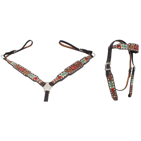 Horse Western Floral Leather Bridle Headstall Breast Collar Tack Set 78HR42B