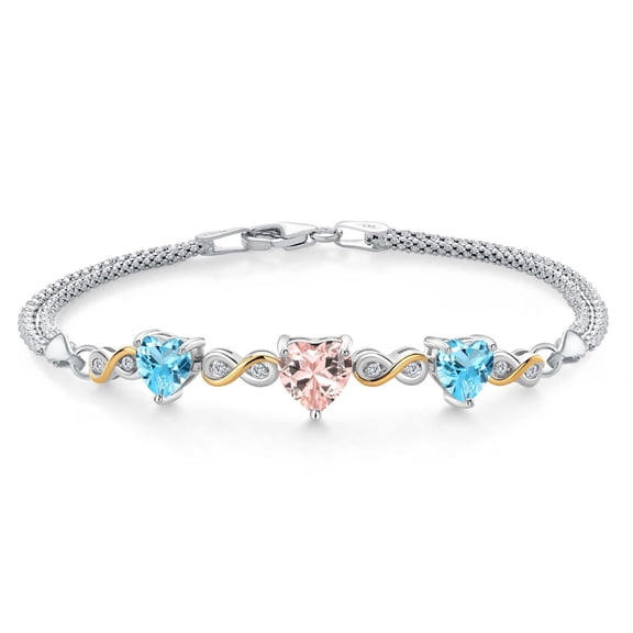 925 Silver and 10K Yellow Gold Peach Nano Morganite and Swiss Blue Topaz and Lab Grown Diamond Bracelet for Women (3.23 Cttw, October Birthstone, Heart 7MM and 6MM, 6.5/7/7.5 inch, Made in Italy)