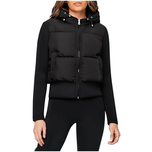 Womens Cropped Puffer Jacket Quilted Coat with Faux Fur Lapel Winter Warm Baggy Long Sleeve Zip Down Outerwear
