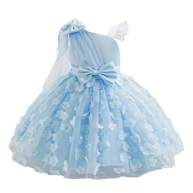 Robes pour Filles Robe de Princesse pour Tout-Petites Robe de Fête Premier Anniversaire avec Broderie de Fleur 3D Robe Fille Bleu 9 Ans-10 Ans