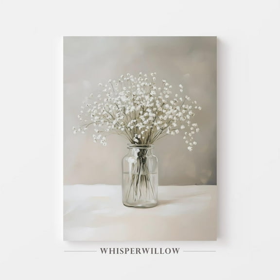 Baby’S Breath Bouquet Wall Art, Calming Neutral Floral Decor, Soft Gray And White Tones, Simple Elegance Home Decor, 8x12 UNFRAMED