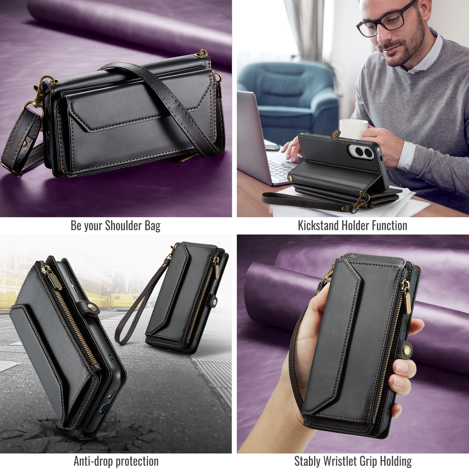 Compatible with Samsung Galaxy S25 Edge 5G Zipper Wallet Phone Case Tempered Glass Screen Protector Crossbody Lanyard Strap Flip Card Holder Slot Cell Cover for S25Edge 25S S 25 25Edge Women Black