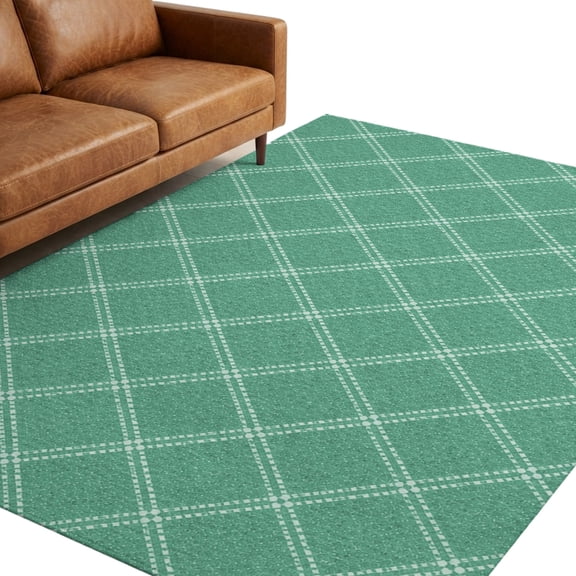 Teal Diagonal Plaid Washable Area Rug 5 x 8 ft Modern Crosshatch Lines Argyle Geometric Soft Non‑Slip Rugs Stain Repellent Indoor Mats for Spacious Family Room, Long Dining‑Table, Sunroom