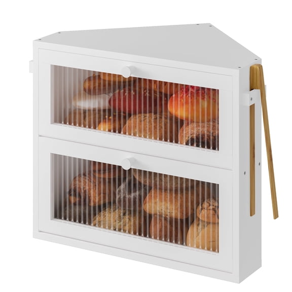 BGTREND Double Layer Bamboo Bread Box for Kitchen Countertop, Spacious Wooden Corner Bread Storage Container, Under Cabinet Organizer (White, Medium)