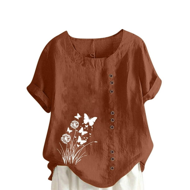 Vestidos Casuales Para Mujer, Blusas De Mujer De Moda Blusa informal de lino con cuello redondo, manga corta y botones para mujer