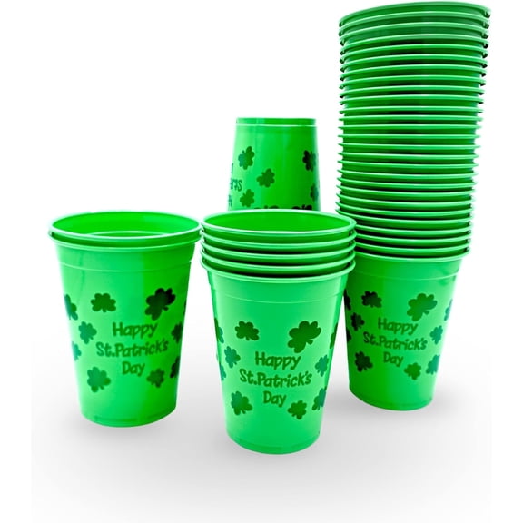 4E's Novelty 50 Pack St. Patrick's Day 16 Oz Plastic Party Cups, Green Shamrock Design