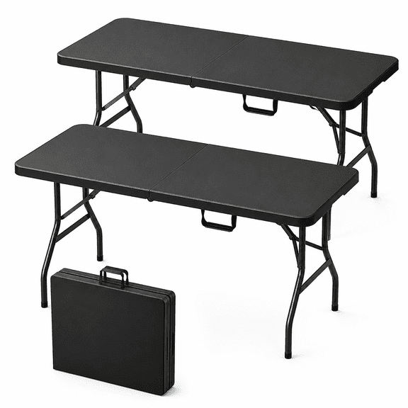 6FT Folding Table 2 Pack, Fold-in-Half Plastic Utility Table with Carry Handle and Steel Legs, Portable Table for Camping, Party, Dining, Indoor and Outdoor Use, Black