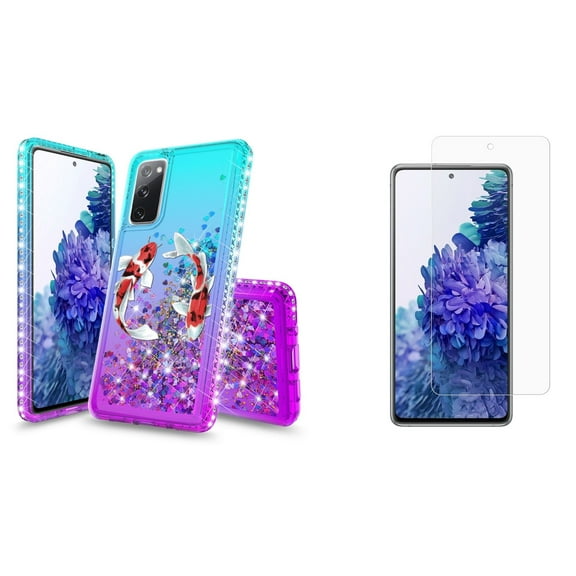 Bemz Liquid Quicksand Case for Samsung Galaxy S20 FE (with 2 Pack of Tempered Glass Screen Protectors and Touch Tool) - Koi Fish (Teal/Purple)