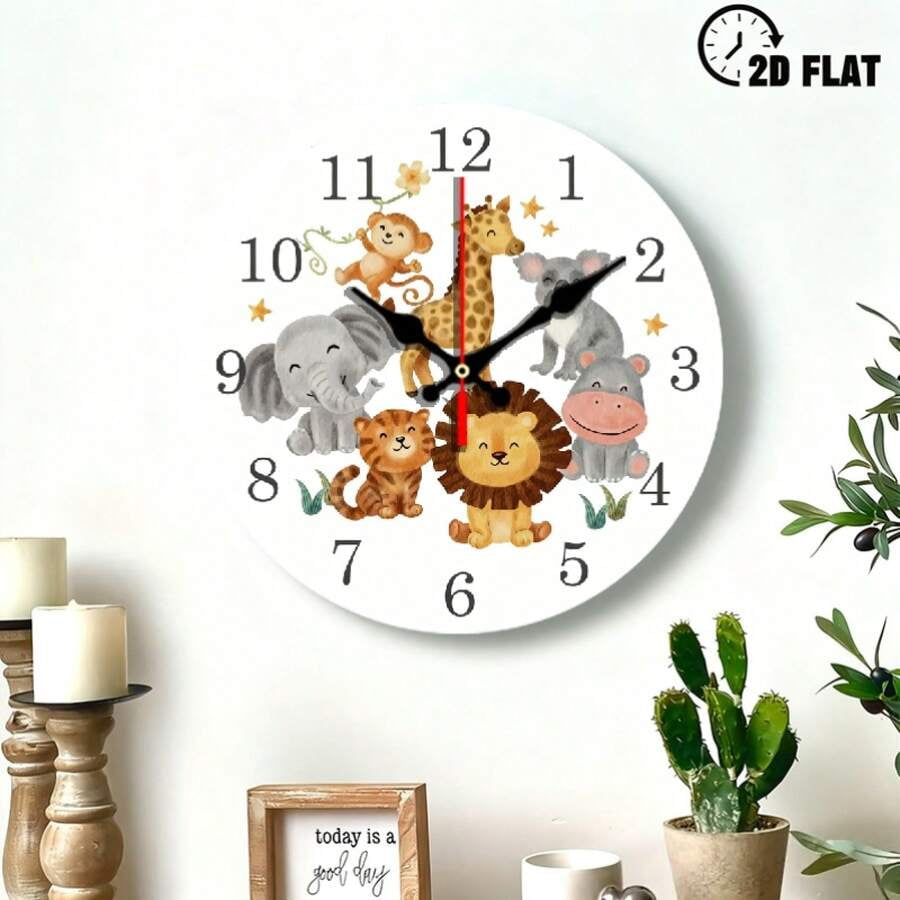 Watercolor Safari Jungle Animals Round Wall Clock,Cute Zoo Animal Clock