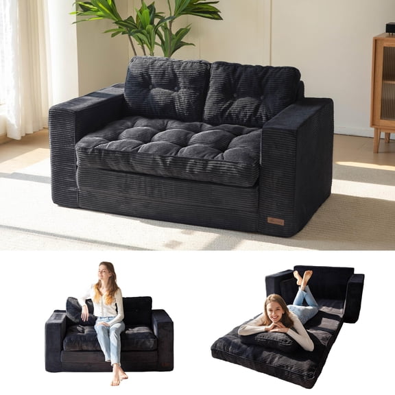 Convertible Sofa Bed, Pull Out Loveseat Sleeper Sofa, 2 in 1 Folding Couch Bed, Fold Out Floor Couch with Pillows for Living Room Bedroom Lounge, Black