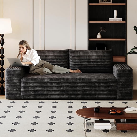 YWEN 63" Cloud Loveseat Boneless Sofa Couch in a Box, No Assembly Required 2 Seater Foam Compression Couches, Modern Living Room Floor Sofa Couch Corduroy Small Love Seat