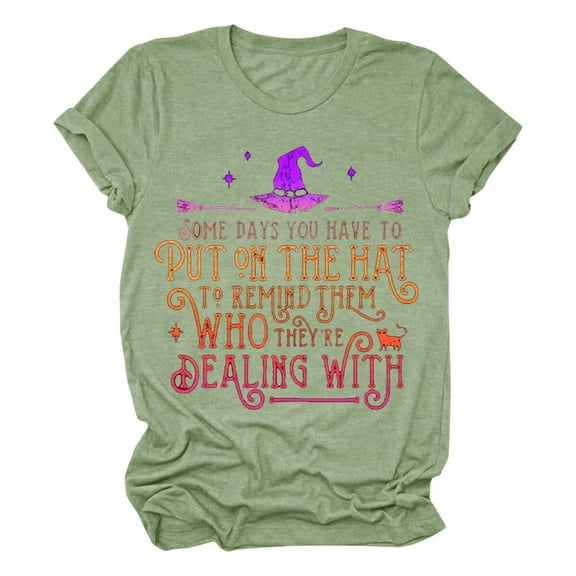 Ukumplol Womens Tops Shirts for Women's Witch Print Casual Print T Shirt U Neck Casual T Shirt Top Tops for Women Trendy A L