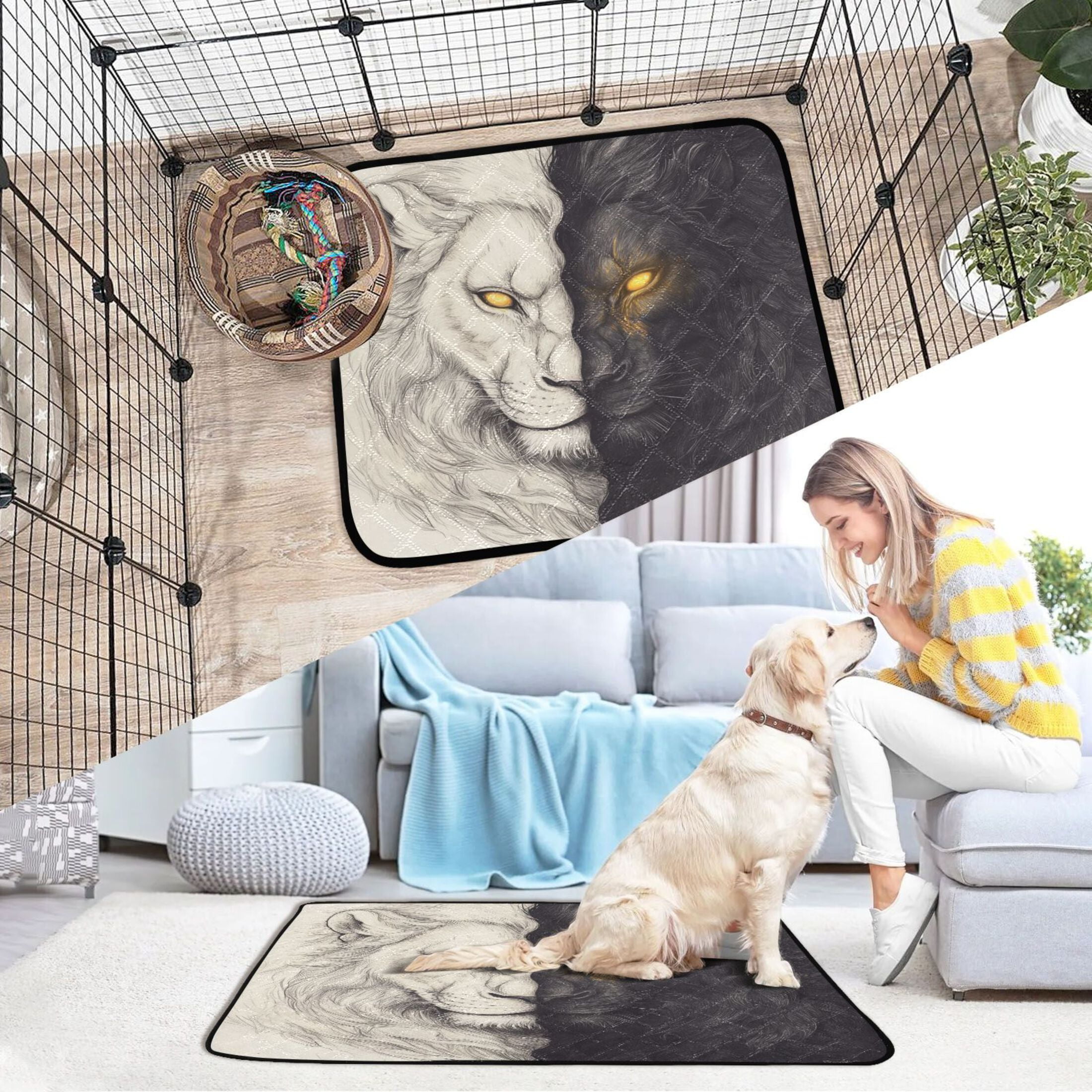 Qxltty Black and White Lion Cat litter Pads Pet Set of 3 Diaper Mats Center Anti-leakage Layer Absorbent Soft and Comfortable