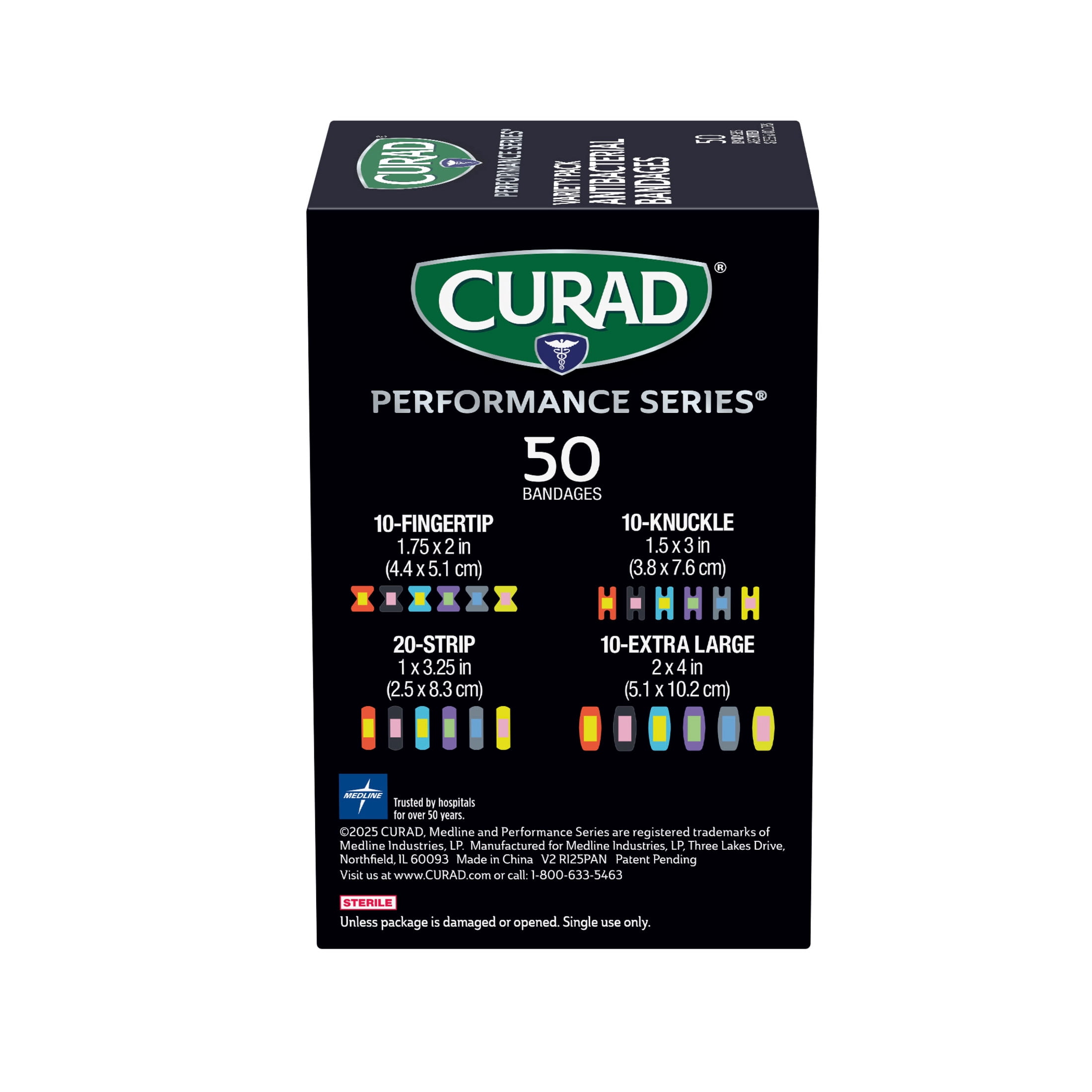 (3 pack) CURAD® Performance Series® Antibacterial Flexible Fabric Bandages, Finger and Knuckle Variety Pack, 50 Count