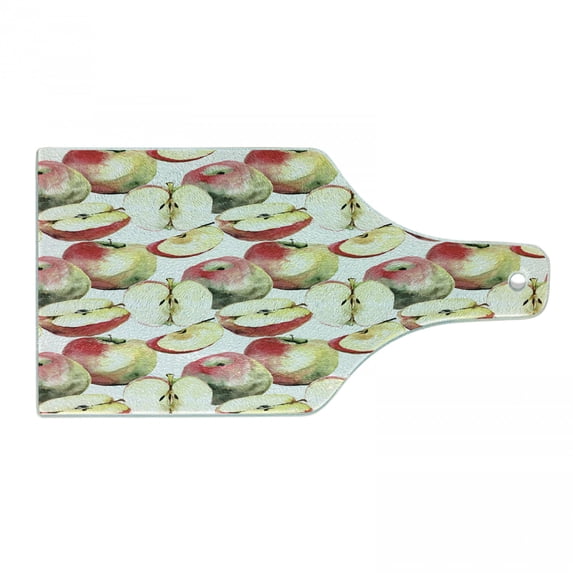 Fruits Cutting Board, Halved and Quartered Organic McIntosh Apples Gourmet Food Healthy Life, Tempered Glass Cutting and Serving Board, Wine Bottle Shape, Ivory Red Reseda Green, by Ambesonne