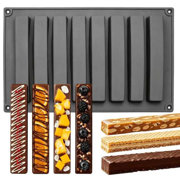 NORIZF 8-Cavity Chocolate Strip Silicone Rectangle Molds for Candy Bar | 3D Long Stick Energy Bar Mold for Chocolate Bar, Cookie, Cake Decoration, Food Grade, Easy to Clean, 10.63 X 6.69 in