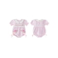 thumbnail image 2 of BemeyourBBs Newborn Baby Girl Summer Clothes Smocked Bubble Romper Infant Baby Girls Turtle Outfit Cute Embroidered Doll Collar Short Sleeve Jumpsuit Bodysuit Playsuit with Bows, 2 of 9