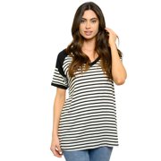 Heimish Womens V-Neck Striped Short Sleeve Top (L)