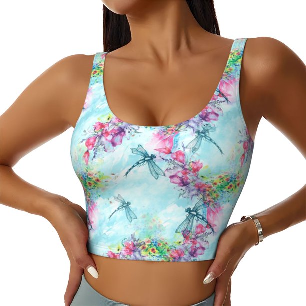 Balery Dragonfly Floral Sujetadores deportivos con espalda cruzada para mujer, acolchados, sin costuras, de alto impacto, ideales para yoga, gimnasio, entrenamiento y fitness.-Medium