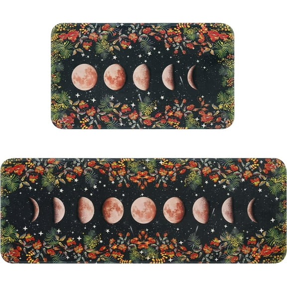Kitchen Mats Sets 2 Piece, Cushioned Anti Fatigue Kitchen Rugs for Floor, Non-Skid Washable Kitchen Mats, Boho Floral Kitchen Rugs, Moon Phase Kitchen Rugs and Mats,17.3"x30" 17.3"x47"
