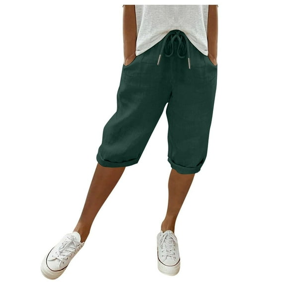 Stephy Linen Shorts for Women 2024 Trendy Knee Length Shorts Drawstring Elastic Waist Summer Casual Gym Shorts with Pockets, Green, 3XL