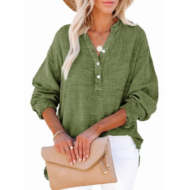 Womens Casual Button V Neck Long Sleeve Shirts Oversized Solid Blouses Tops Green L