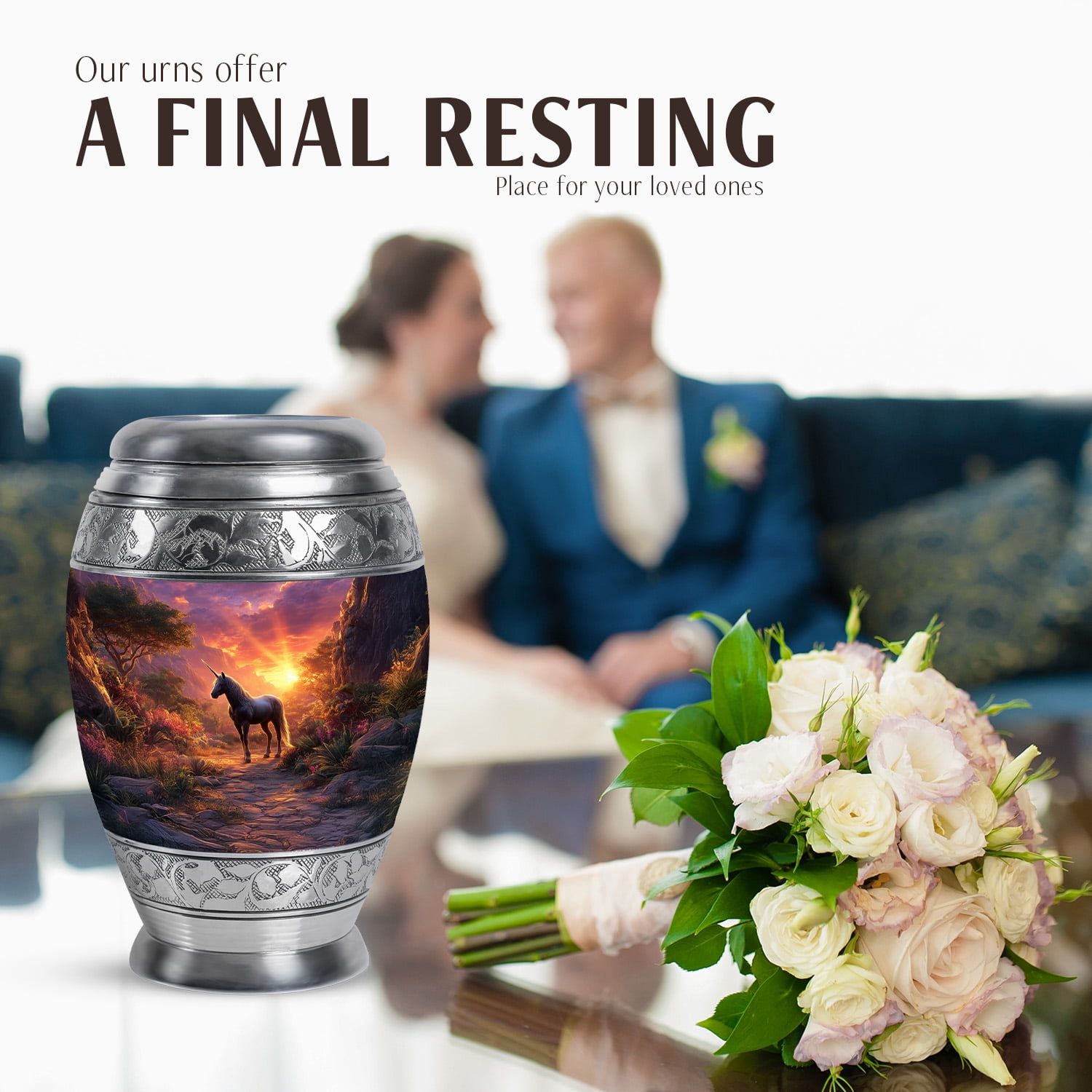 JAGASY Unicorn Mini Urn for Mother, Purple Keepsake Small Urns for Human Ashes, Sunset Forest Trees & Mountain Decorative Urns for Parents, Funeral Urn for Father, (3 Inch)