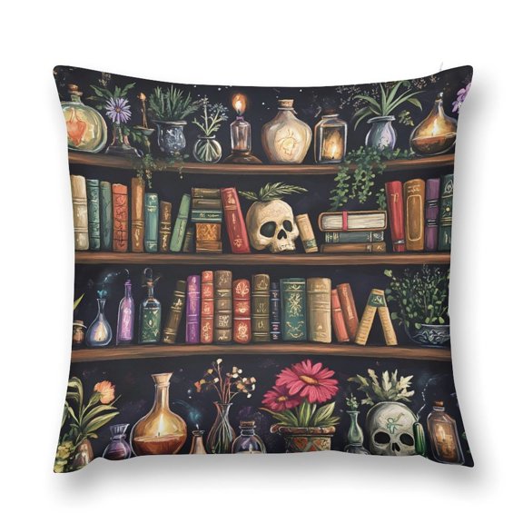 Magical Book Goth Skull Bookshelf Throw Pillow Cases Plush Pillow Cover Decorative Pillowcases Zipper Closure Cushion Covers for Couch Living Room Bedroom 12 "x12 "