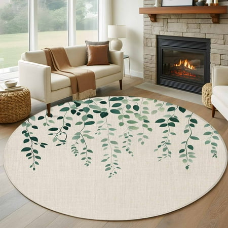 Green Leaves Round Rug 5ft Washable Circle Kitchen Rugs Non Slip Spring Pastoral Farmhouse Vines Plants Large Area Rug Indoor Floor Carpet for Bedroom Living Room Home Office Dining Room Nursery