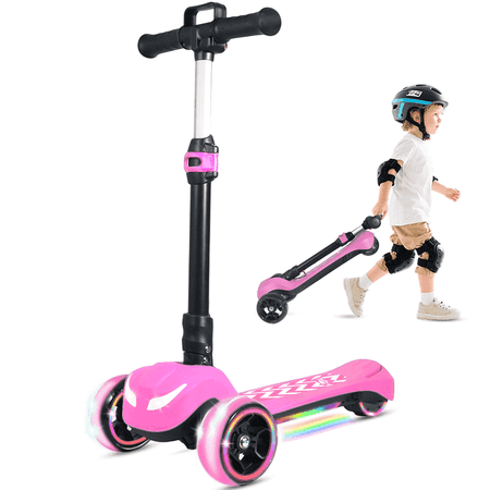 Electric Scooter for Kids Ages 3-8 3-Wheel Foldable Light-Up Scooter with Full Body LED Wide Deck Thumb Accelerator 3 Adjustable Heights 5MPH Safe Speed Electric Scooter for Boys & Girls Pink