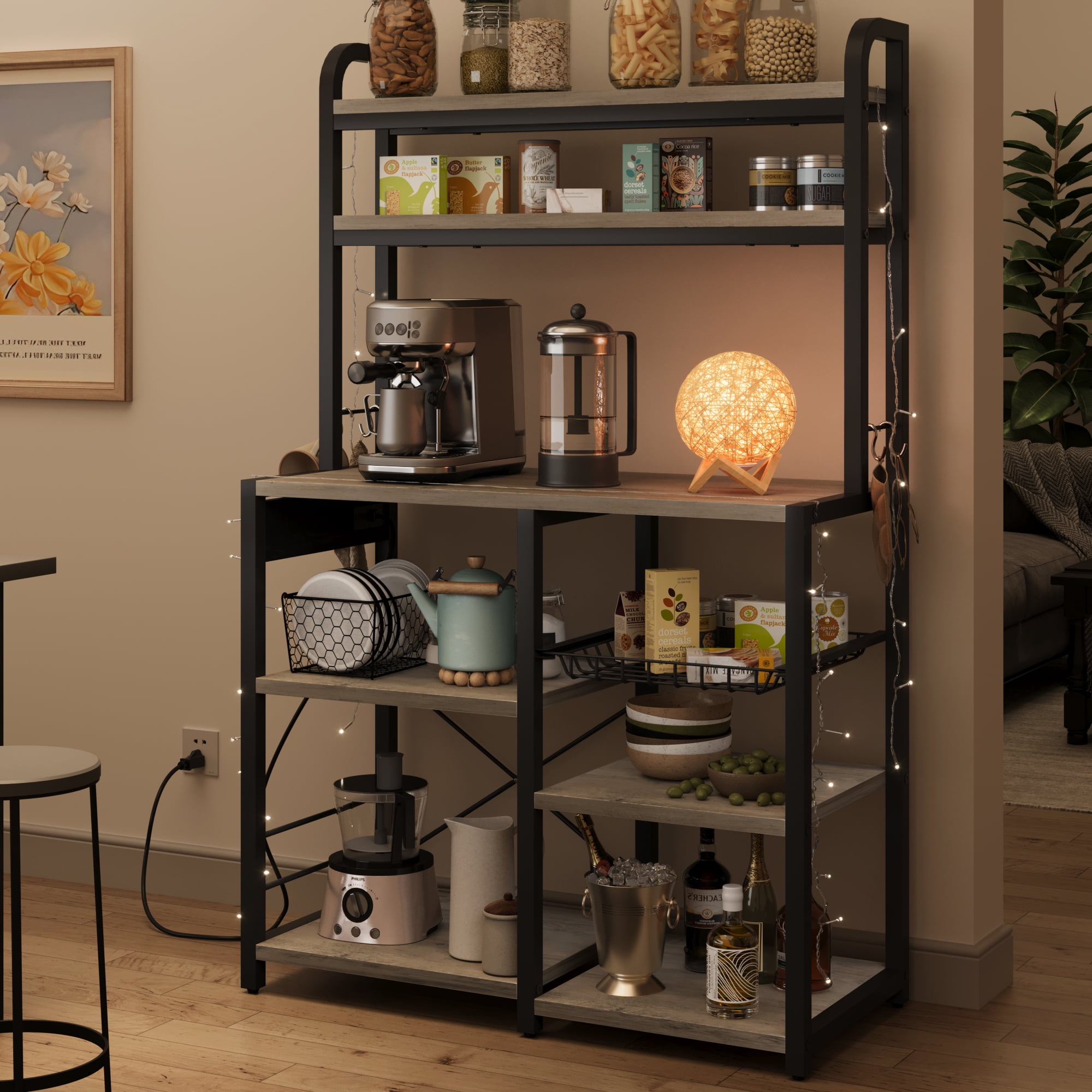 Bakers Rack with Power Outlet, Microwave Stand, Coffee Bar Table Station  with Metal Wire Panel - On Sale - Bed Bath & Beyond - 37770103