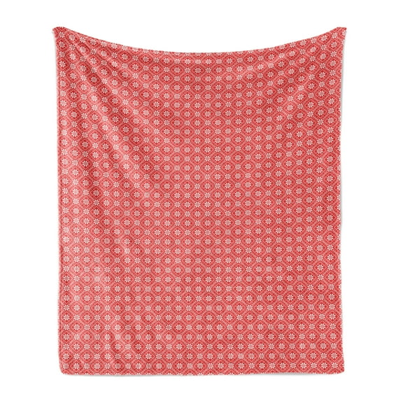Geometric Soft Flannel Fleece Throw Blanket, Ukraine Traditional Vintage Style Folkloric Motifs Repeating Pattern, Cozy Plush for Indoor and Outdoor Use, 70" x 90", Coral and White, by Ambesonne