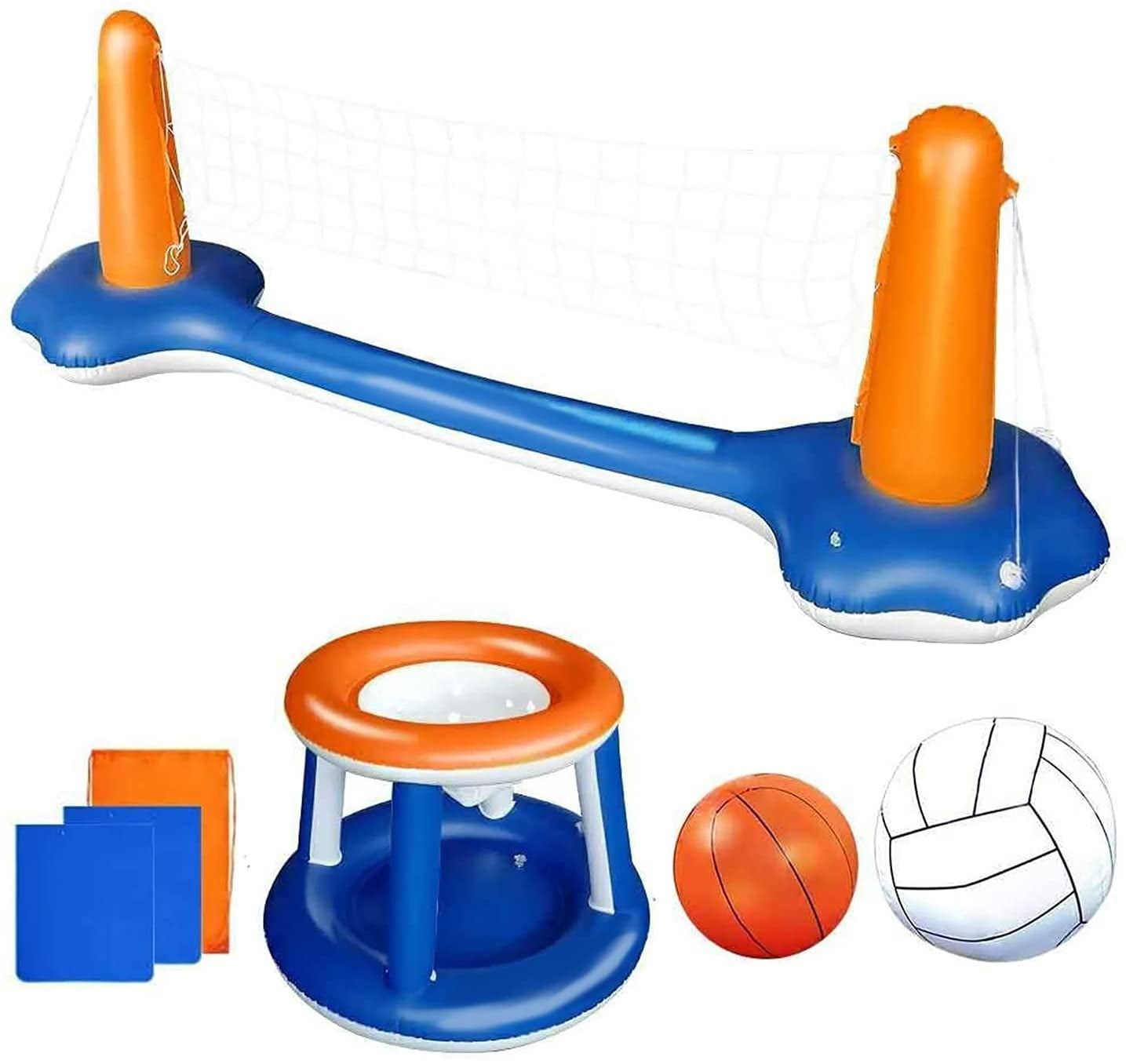 Blossom Pool Basketball Hoop and Pool Volleyball Set with Pool Net, Weight Bags 2in1