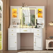 White Makeup Vanity Desk with Mirror and Lights, Large Vanity Table Set with Charging Station, Dressing Table with RGB Cabinets, Makeup Vanity Mirror with Lights Desk and Drawers, 3 LED Lights Modes