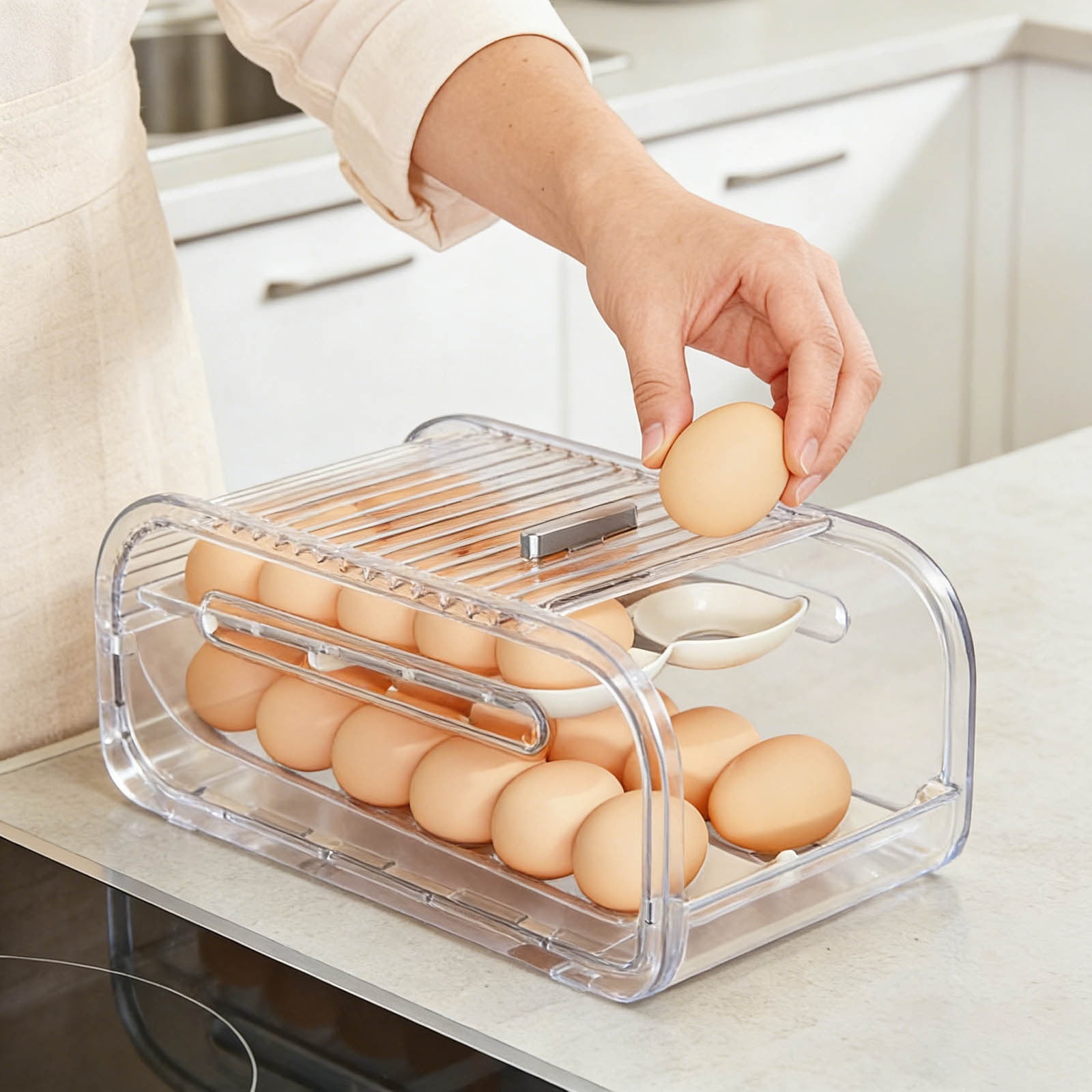 Refrigerator Egg Storage Rack Organizer - Automatic Rolling Rotating Egg Holder, Space Saving Expandable Kitchen Fridge Shelf for Eggs & Food Containers