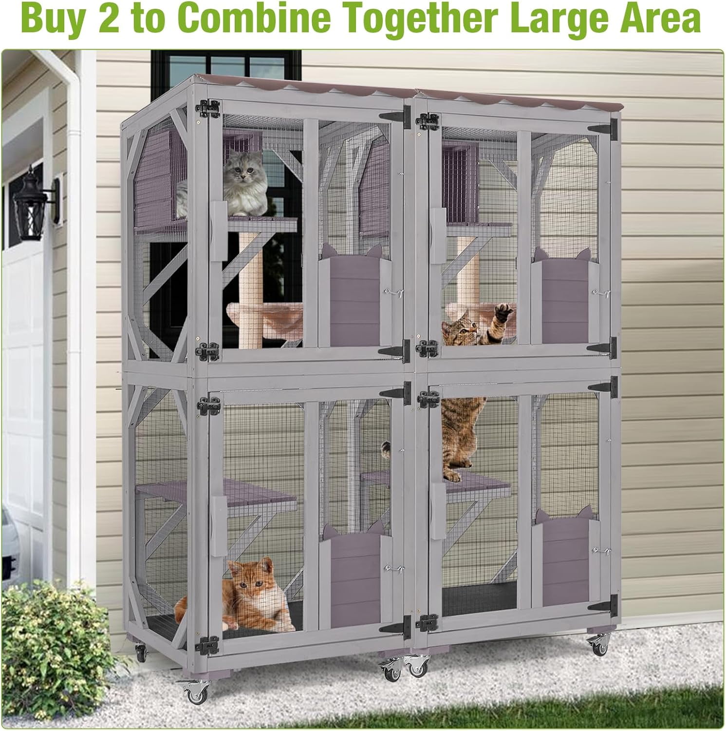 MEDEHOO Catio Outdoor Cat Enclosure Mobile Cat House Indoor On Wheels with Scratch Post, Hammock, Resting Box, Platform, Tarp Roof 62.8", Grey