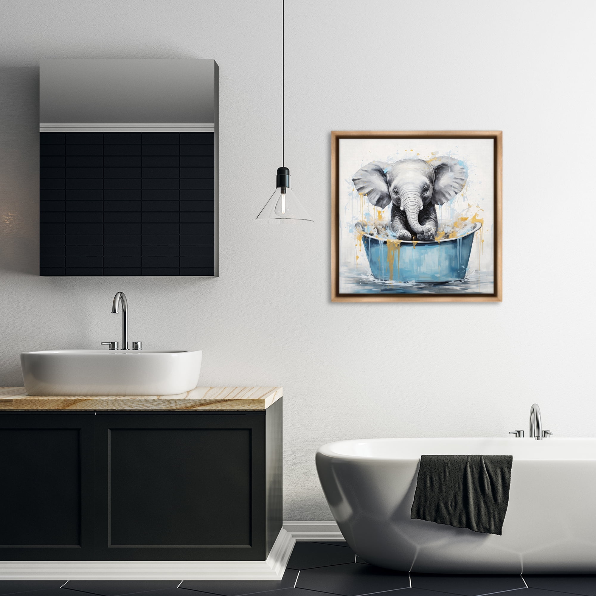 Stupell Industries Bathing Baby Elephant Typography Painting Brown Floater Framed Canvas Art Print Wall Art, 25 x 25