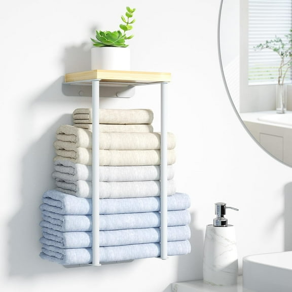 Towel Racks for Bathroom, 1 Tier Wall Towel Holder with Wood Shelf, Metal Wall Mounted Towel Rack Bathroom Organizers and Storage,White