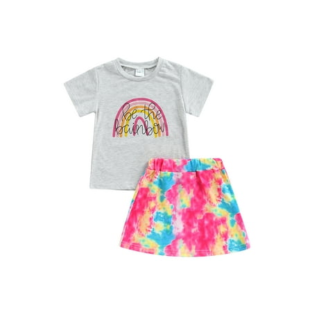 

Kids Girl Clothes Rainbow Letter Print Short Sleeve T-shirt Top Tie Dye A-line Skirt Summer Set