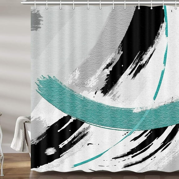 Black and Teal Abstract Shower Curtain, Chic Design White Grey Art Turquoise Aqua Green Fabric Shower Curtains Set for Bathroom Decorative, Restroom Decor Accessories with Hooks 72X84 Inch