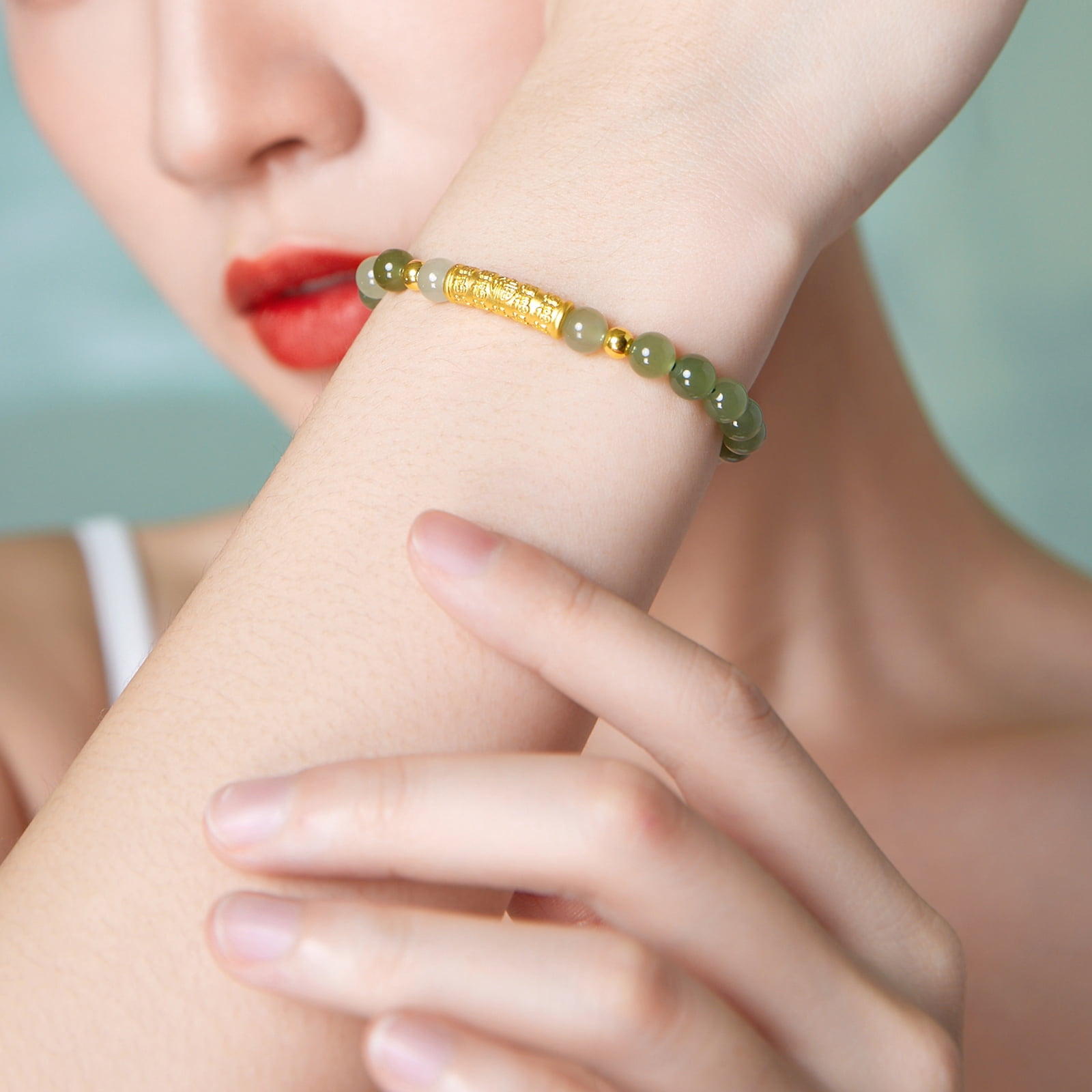 ZHOU LIU FU 24K Gold Green Jade Bead Bracelet Fortune for Women Men 19cm/7.5'' Y1910809
