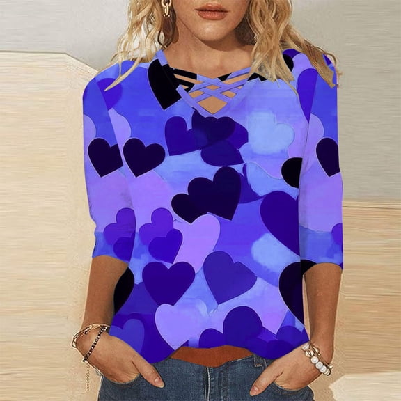 GILIGEGE Valentines Day Shirts for Women Casual Criss Cross V Neck 3/4 Sleeve Blouses Soft Comfy Lounge Cute Heart Graphic Tops,3/4 Length Sleeve Womens Tops 2026,Valentines Shirts Graphic Tee Tops