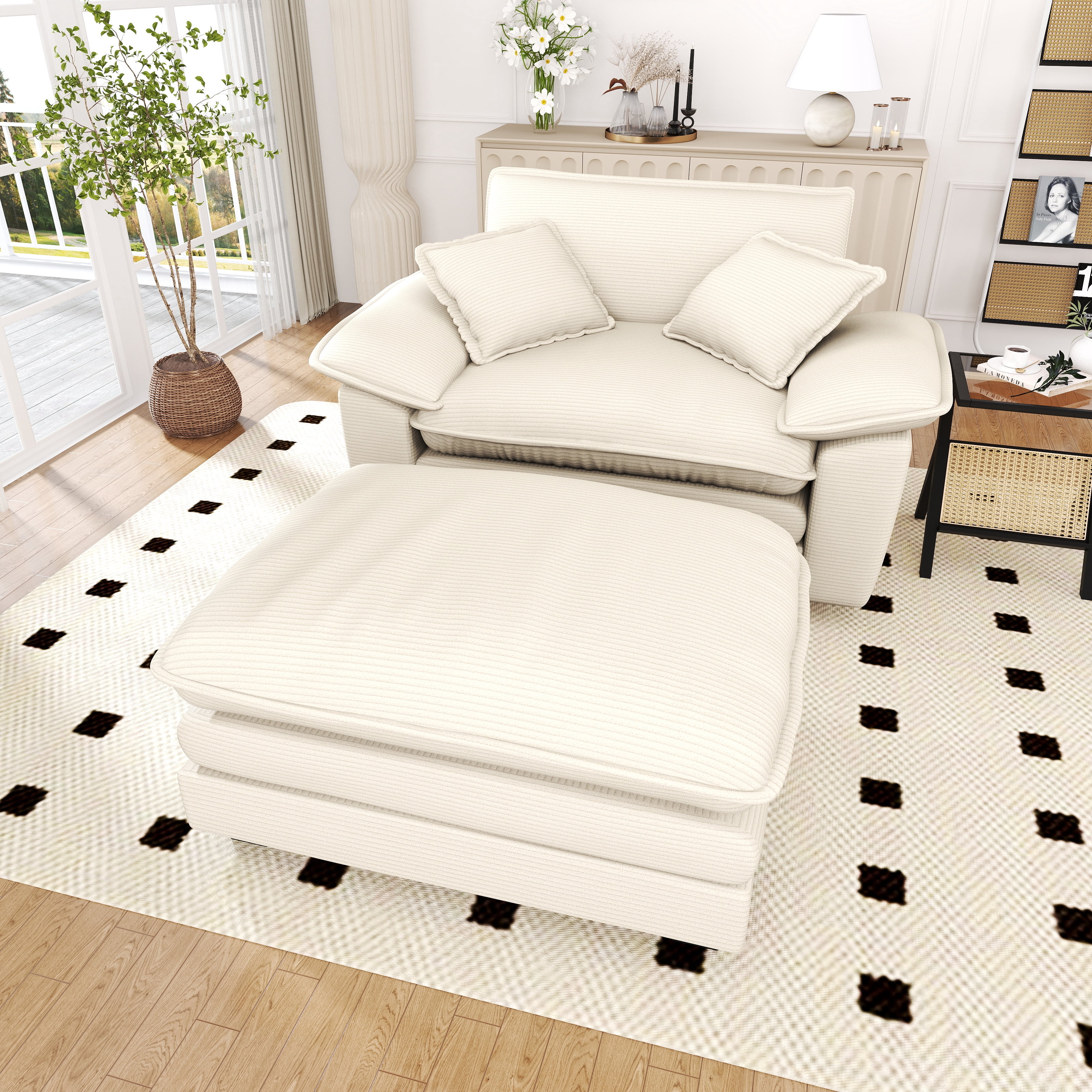 Lunale Oversized Lounge Chair & Ottoman Set - 48" Cloud Corduroy Accent Armchair for Modern Living/Bedroom, Beige Corduroy